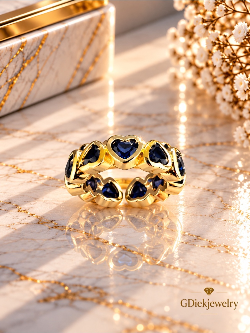 Gold Filled Adjustable  Ring with Navy Blue Heart Gemstones